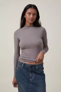 COTTON ON Staple Rib Mock Neck Long Sleeve Top